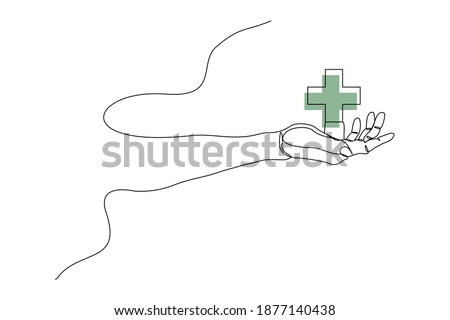 Continuous line drawing of palm hand holding medical cross. Vector illustration