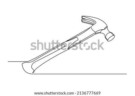 Continuous single one line drawing of hammer construction handyman tool and judge law vector illustration