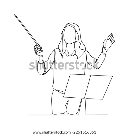 Continuous single one line art drawing of music conductor woman directing concert orchestra performance with stick and notes book. Vector illustration