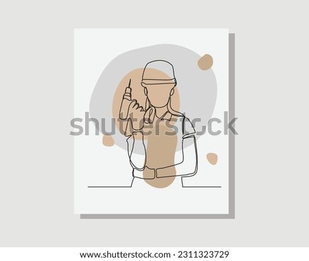  Continuous single one line drawing art of mechanic woman holding mechanic tools wearing uniform and helmet