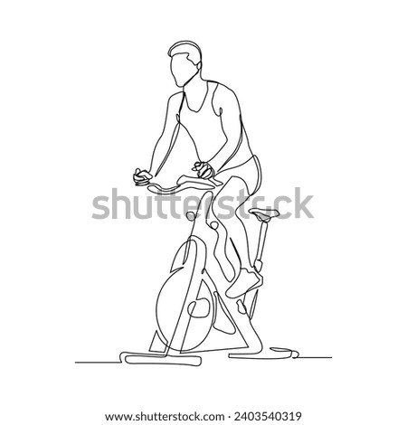 Continuous single line sketch drawing of athletic man riding static bicycle at gym for speed endurance training. One line art of fitness sport healthy activity vector illustration