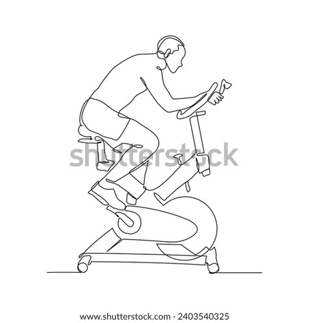 Continuous single line sketch drawing of athletic man riding static bicycle at gym for speed endurance training. One line art of fitness sport healthy activity vector illustration