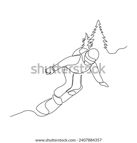Continuous single line sketch drawing of man snowboarder ride speed at mountain. One line art of extreme sport winter snowboard vector illustration