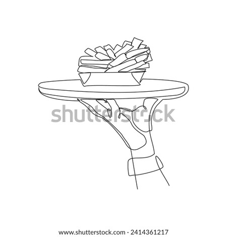 Continuous single line sketch drawing of hand holdinf food tray french fries potato chips. One line art of junkfood snack complementary food vector illustration