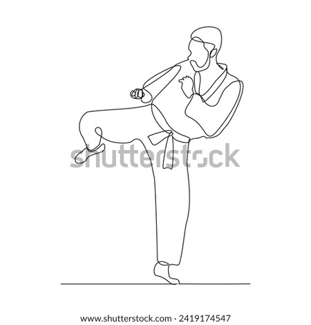 Continuous single line sketch drawing of young man confident karateka in kimono practicing karate kick combat. One line traditional martial art sport training concept Vector illustration