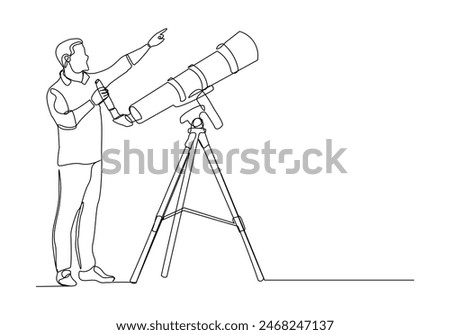 Continuous single one line sketch drawing of man look at telescope outer space science galaxy design concept vector illustration