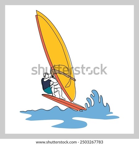 Continuous single line sketch drawing of professional windsurfing athlete ride surfboard on ocean wave. One line art of extreme sport and summer holiday vacation vector illustration