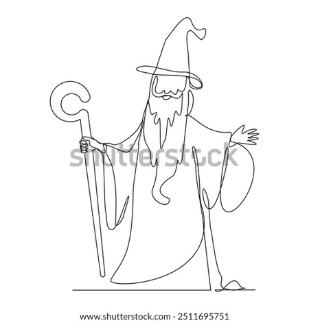 Continuous single line sketch drawing of vintage retro wizard witch cloak hat halloween costume do magic trick one line vector illustration