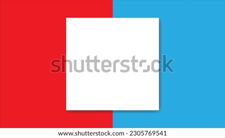 White square frame is centered on  red and blue background that bisects the space.