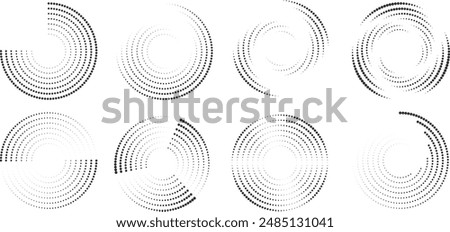 Set of black dots on white background that creates modern abstract circle. Arranged in geometric rows, halftones circled around the center, vector illustration.