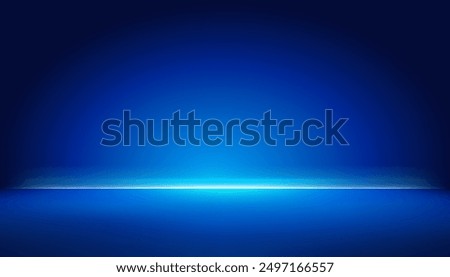 Studio background dark blue gradient neon light glowing bright floor and wall, empty room interior for display product in night tone and shiny surface for car, motorcycle, modern technology.