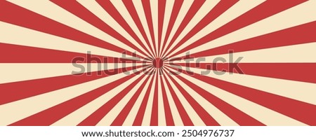 Red sunburst lines on yellow Background. Light sun rays pattern. Vintage stripes halftone radial wallpaper for poster, banner, advertising backdrop, comic or circus scene.