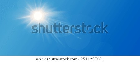 Bright sun on clear blue sky background, Summer warm sunny and lens flare in clear summer, Sunlight with reflections. Spring sparkles nature landscape vector.