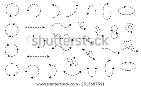 Hand drawn dashed line arrows set on white background. Single and double head. Wavy curves, circles, waves, hearts, infinity, back, u-turn, roll. Vector sketch design symbols.