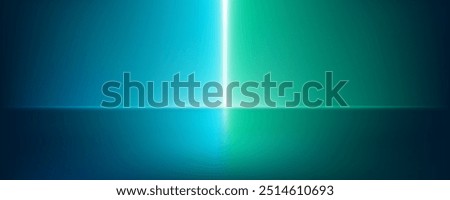 Blue green gradient studio room background and laser beam. Abstract pattern. Neon light reflection wall and floor. Shiny luxury. Dark tones and sense of speed of Future connected digital technology.