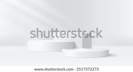 3D podium display stand studio white background, Light shining from  window, Geometric cylinder and square stage in gradual height, empty shelves for merchandise, clean design.