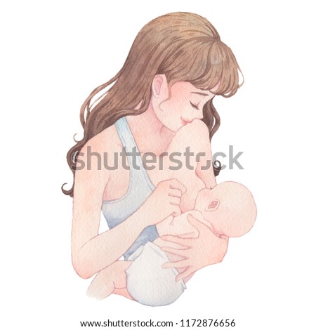 Mother Breastfeeding Baby Watercolor Illustration