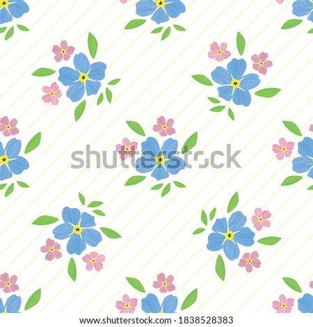 Forget-Me-Not floral seamless vector pattern background. Beautiful backdrop of painterly watercolor effect groups of pink blue mysotis flowers. Hand drawn botanical design. All over print for spring