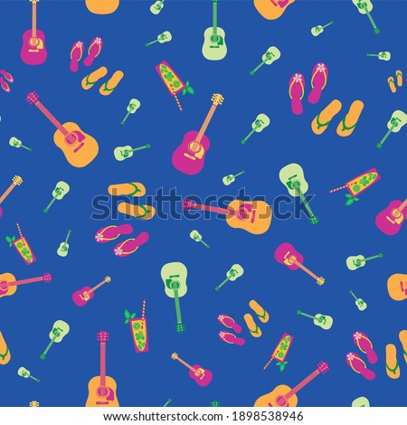 Beach party vector seamless pattern background. Tropical backdrop with cocktail glasses, flip flops, guitars. Colorful sandals, music instruments, mint lemonade drinks all over print for summer