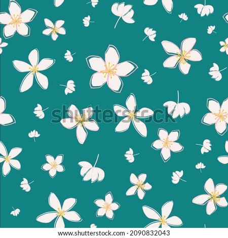 Jasmine floral vector seamless pattern background. Line art hand drawn flower heads, blossom, petals.Teal pink white backdrop.Botanical repeat for medicinal healing plant. All over print for wellness