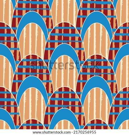 Pointed scallop seamless vector pattern background. Grunge plaid and stripe fill textured overlapping oval shapes backdrop. Multicolor orange, red, blue design.Unique geometric repeat for summer, fall