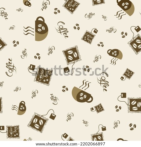 Coffee bag andcups vector seamless pattern background. Light brown off-white backdrop with disposable freshly brewed sachets of lattes, americanos. Grunge hand-drawn caffeine drink icons for packaging