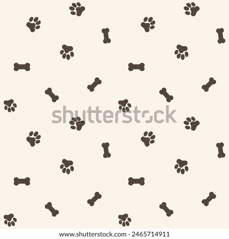 Dog paw and bone seamless vector pattern background. Fun scattered neutral canine backdrop with bones. Ecru beige animal repeat for doggie and pet products. Small elements all over print.