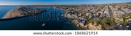 Afternoon aerial panoramic view of the Newport Harbor, skyline and Corona del Mar beach of Newport Beach, California, USA. Foto stock © 