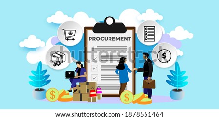 Procurement Process of Purchasing Goods, Procurement Management Industry concept 
With icons. Cartoon Vector People Illustration Stockfoto © 