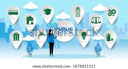 Governmental System Citizen Service Concept. Public Sector Government People Business Concept With icons. Cartoon Vector People Illustration