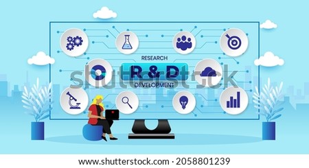 R and D : Research and development, Research and development concept With icons. Cartoon Vector People Illustration
