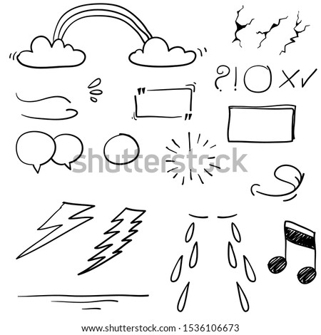 Hand drawn design elements, speech bubble, star, sun,light,check marks,rainbow,thunder,Swishes, swoops, emphasis ,swirl, heart, on white background. doodle vector