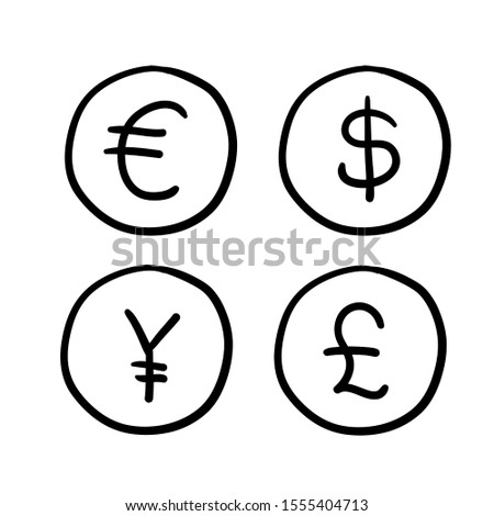 Money & Currency icons set. Money sign. Euro, Dollar, Yen, Pound. Vector illustration. on white background with hand drawn doodle style cartoon