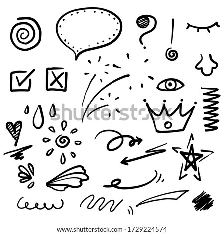 hand drawn doodle element. consists of Arrow, heart, love, star, leaf, sun, light, flower, crown, king, queen,Swishes, swoops, emphasis ,swirl, heart, for concept design. doodle