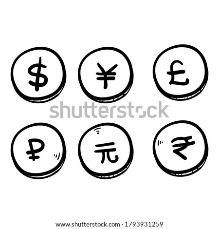 
Set of hand drawn the most popular currency symbol. Dollar, euro, yen, yuan, pound, rupee, ruble signs doodle vector