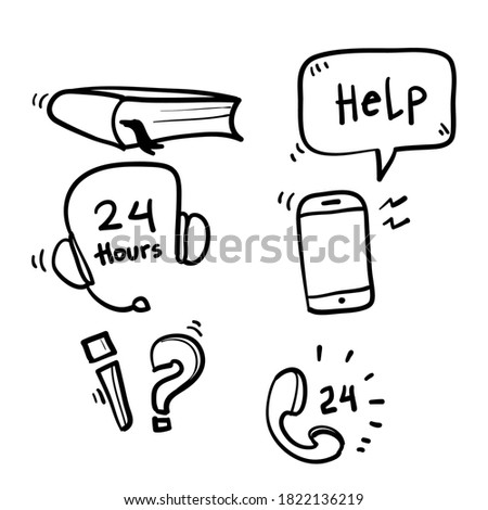 hand drawn Simple Set of Help And Support Related Vector Line Icons. with doodle cartoon art style vector