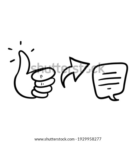 hand drawn doodle thumb up arrow and bubble speech symbol for like share and comment illustration