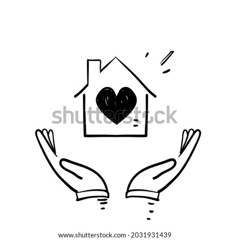 hand drawn doodle hand holding house with love illustration icon isolated