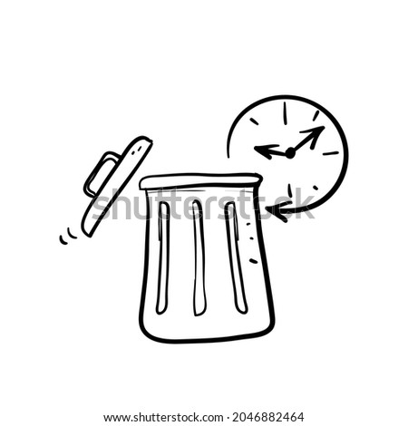 hand drawn doodle trash bin and clock icon illustration vector