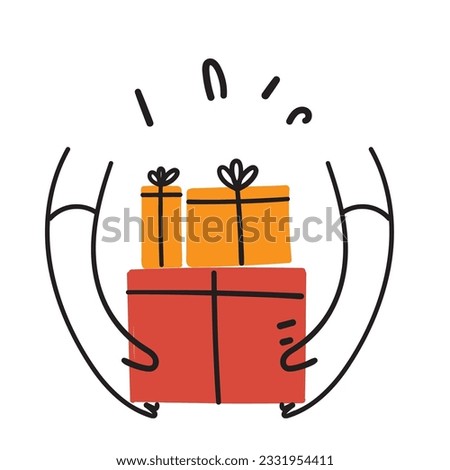 hand drawn doodle hand holding gift boxes with presents illustration