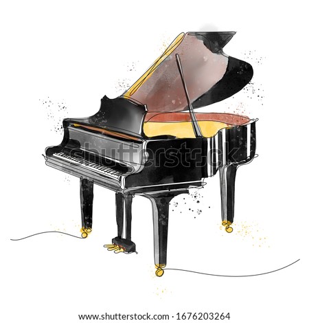 piano drawn in single continuous line and colored in watercolor style