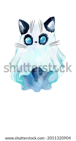 Set of watercolor cliparts. Cute mystical cats. Witch cats in a hat, a ghost cat, an angel cat and a demon, a fairy cat, a mermaid cat