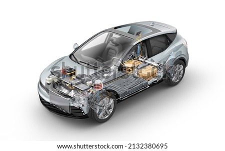 Electric car (generic model) technical cutaway 3d rendering with all main details of EV system in ghost effect. Perspective bird eye view on white background. Foto d'archivio © 
