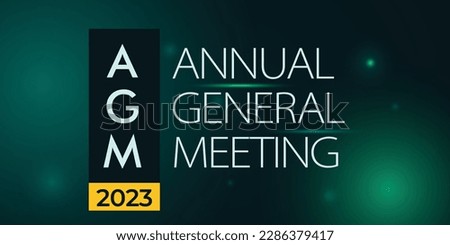 AGM. Annual General Meeting. 2023. Vector banner on green background. Concept of elegance with glare and glow.