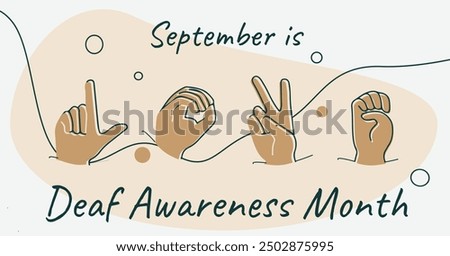 Deaf Awareness Month celebration banner. Love in sign language line art. Hearing disability education observed in September.