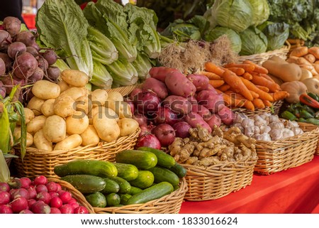 Organic fresh produce at the weekly farmers market downtown. A variety of locally grown yellow potatoes, red potatoes, ginger, cucumbers, carrots, butternut squash, lettuce, and greens on display.