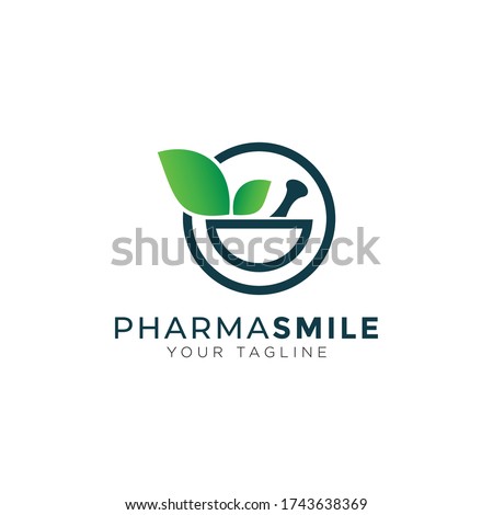 pharma smile logo, creative mortar, pestle and leaves vector Foto stock © 
