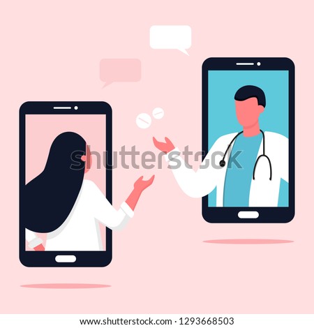 Doctor appointment. Online consultation. Modern healthcare technologies. Hospital. Young female character talking with doctor. Telemedicine, consultation, therapy, pharmacy. App, messenger.