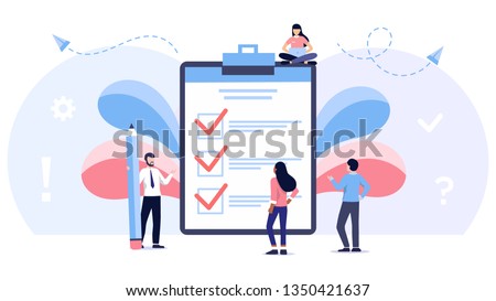 little people fill out a form, modern concept for web banners, infographics, websites, printed products. Concept done job, checklist, long paper document and to do list with checkboxes