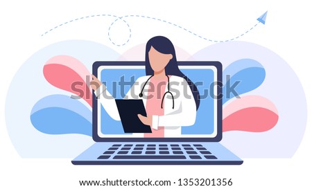 Online medical consultation and support. Online doctor. Healthcare services, Ask a doctor. Family female doctor, gynecologist with stethoscope on the laptop screen.  Vector for clinic web site, app